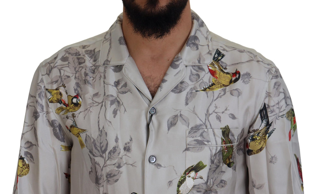 Weißes Freizeithemd aus Seidensatin mit Vogelprint