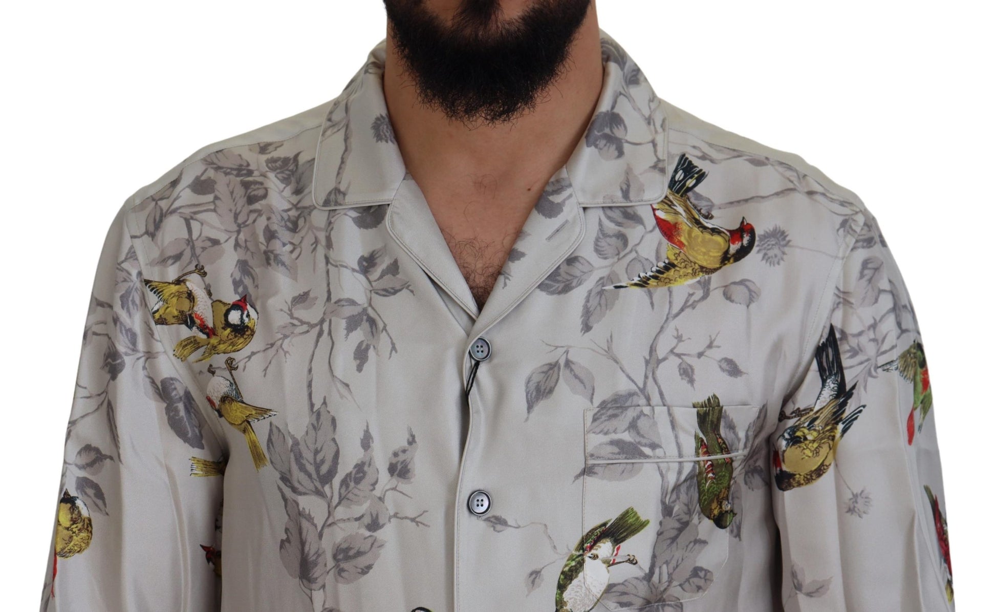 Weißes Freizeithemd aus Seidensatin mit Vogelprint