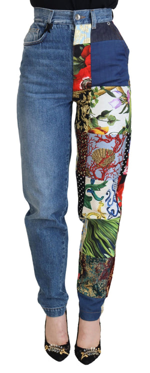 Blaue Majolika-Jeans mit hoher Taille und Jacquardmuster