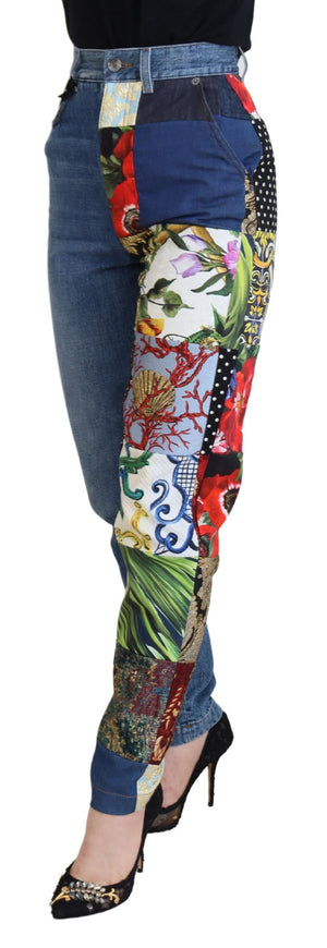 Blaue Majolika-Jeans mit hoher Taille und Jacquardmuster