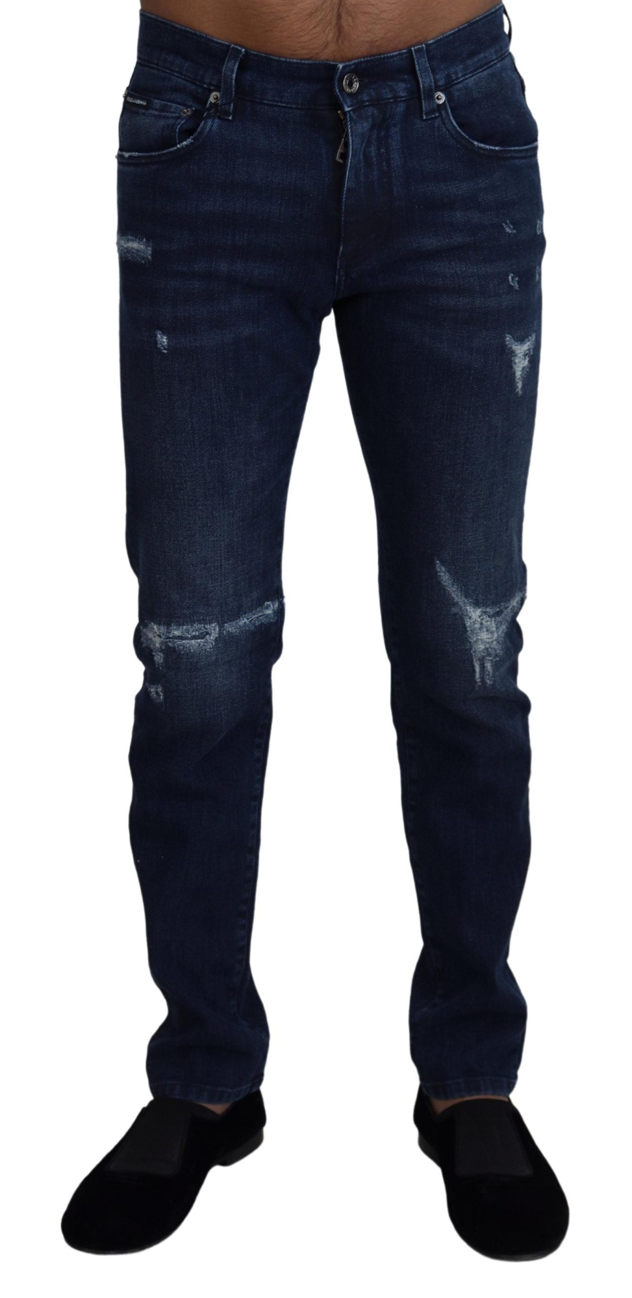 Blaue Skinny-Jeans aus zerfetztem Baumwolldenim