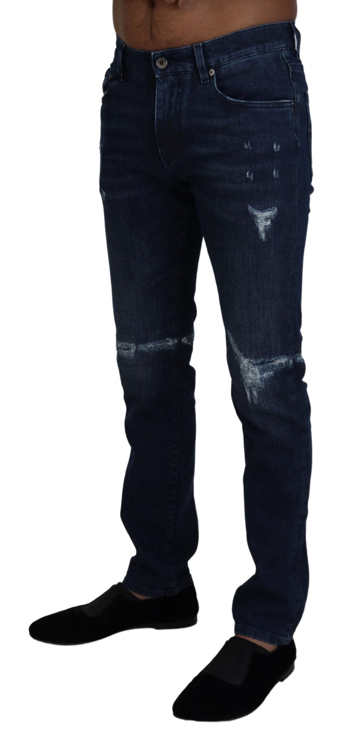 Blaue Skinny-Jeans aus zerfetztem Baumwolldenim