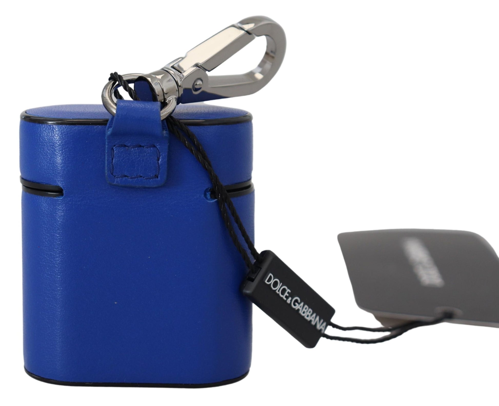 Airpods-Hülle aus blauem Leder mit silbernem Metalllogo