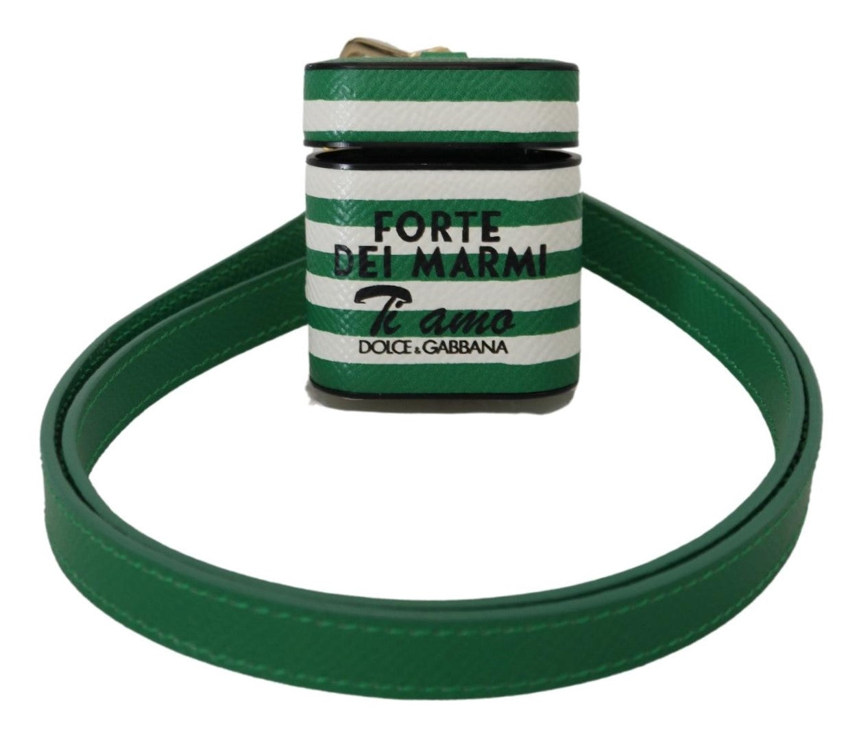 Airpods-Hülle mit grünem Lederband und goldenem Metalllogo