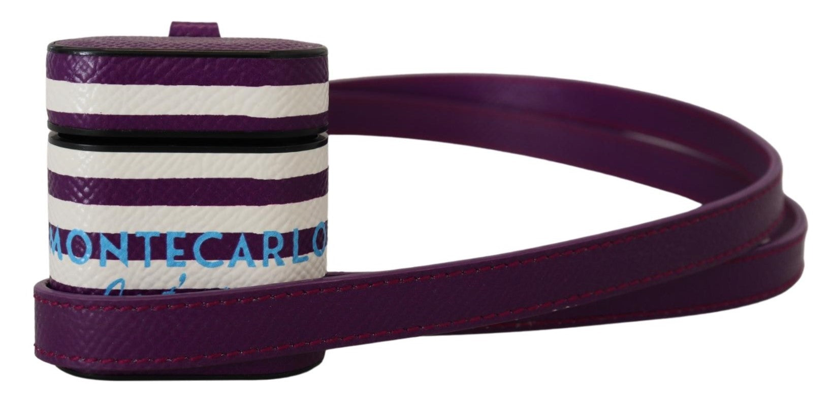 Airpods-Hülle mit lila Lederband und goldenem Metalllogo