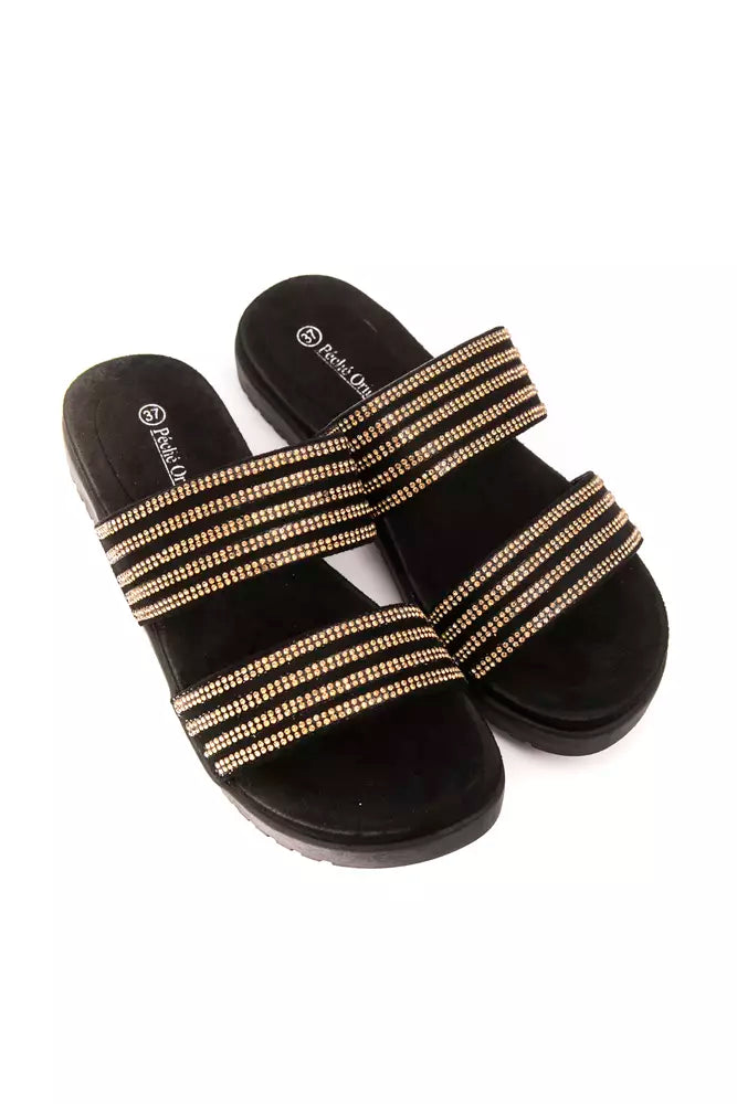 Goldfarbene Textil-Sandalen für Damen