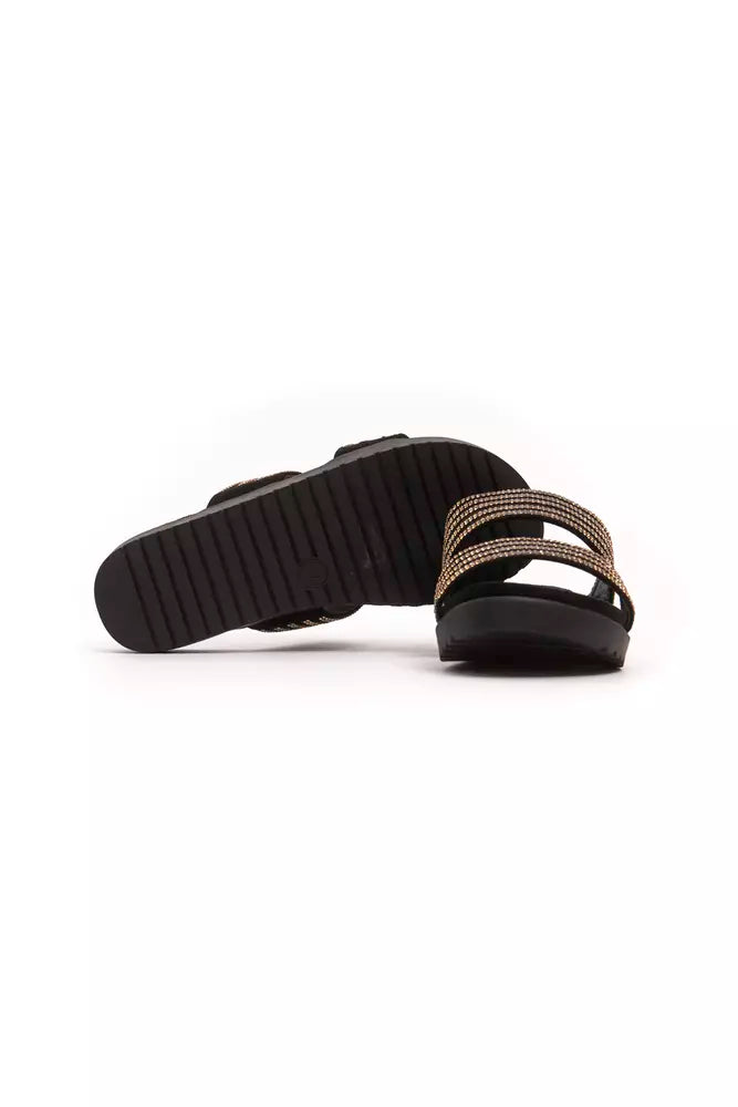 Goldfarbene Textil-Sandalen für Damen