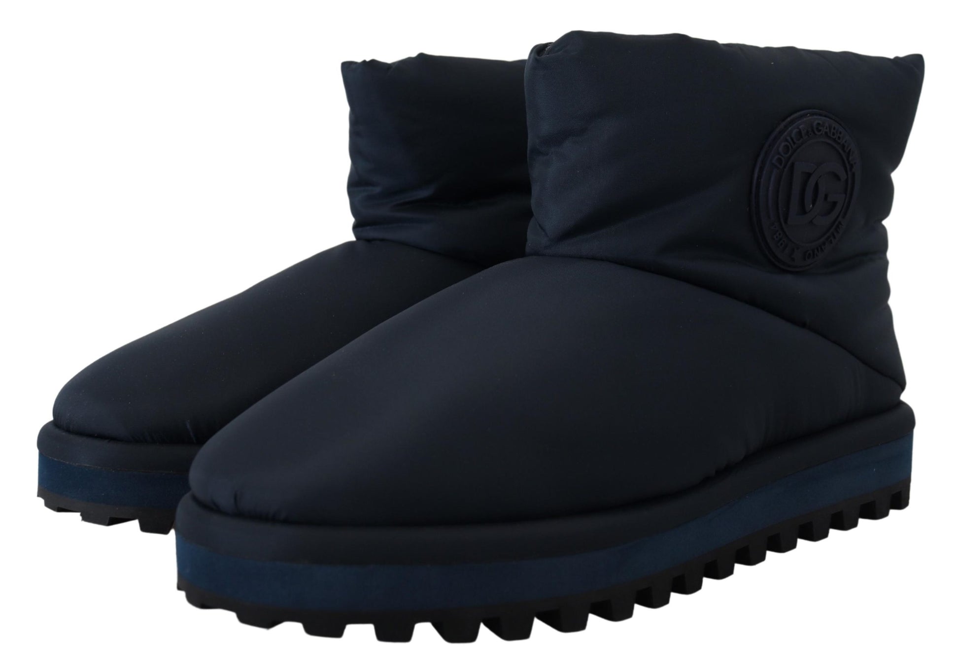 Blaue Nylonstiefel, gepolsterte Schuhe mit halbhoher Wadenhöhe