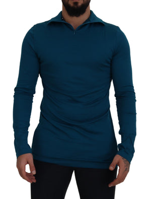 Blauer, schmaler Pullover aus Baumwolle mit Kragen