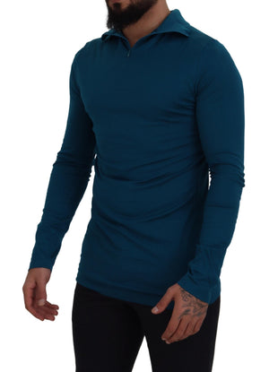 Blauer, schmaler Pullover aus Baumwolle mit Kragen