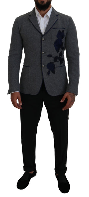 Grauer Slim Fit Blazer aus Wolle mit Rosen