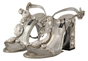 Silberne High Heel-Sandalen mit Kristallen und Riemenschnalle