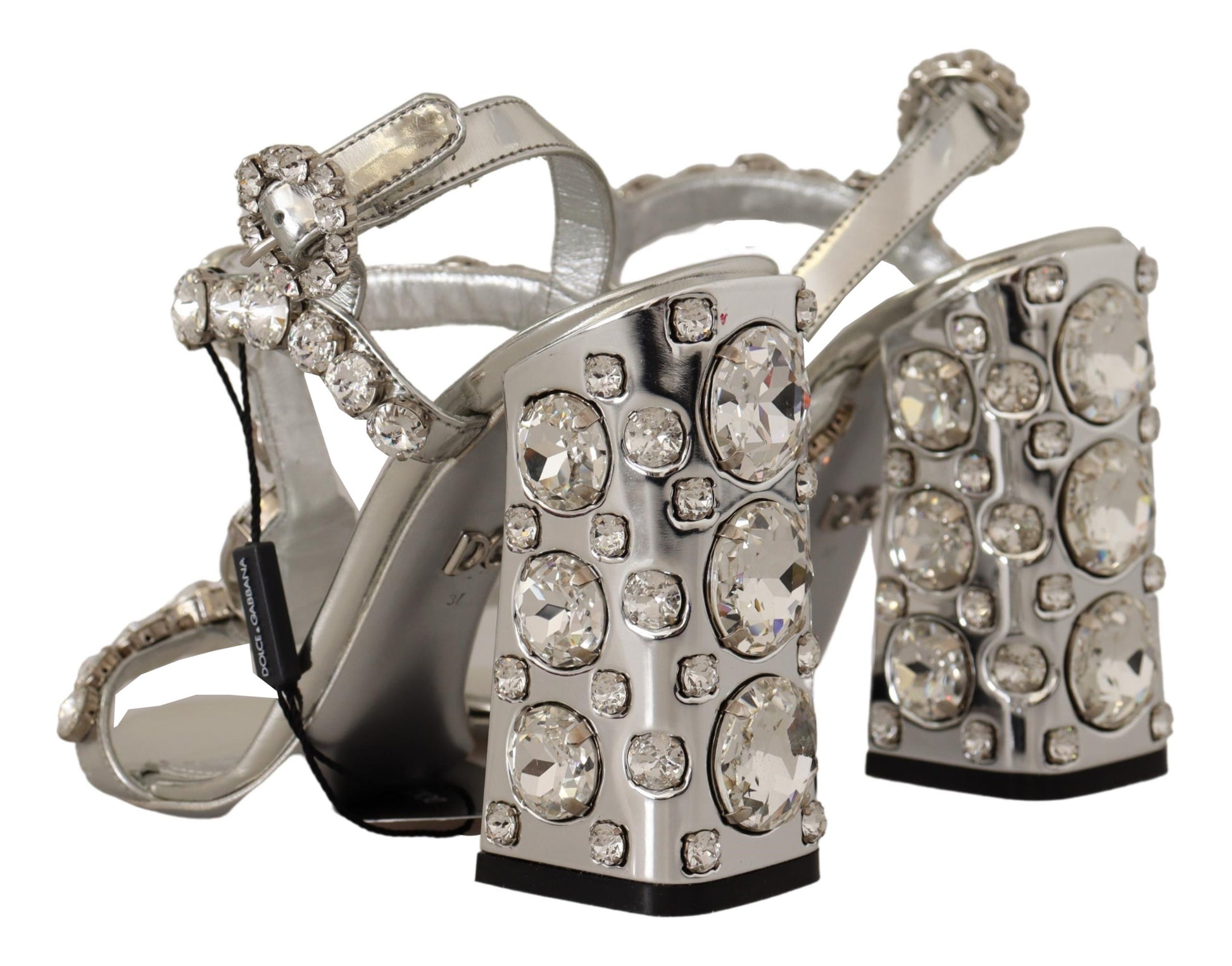 Silberne High Heel-Sandalen mit Kristallen und Riemenschnalle