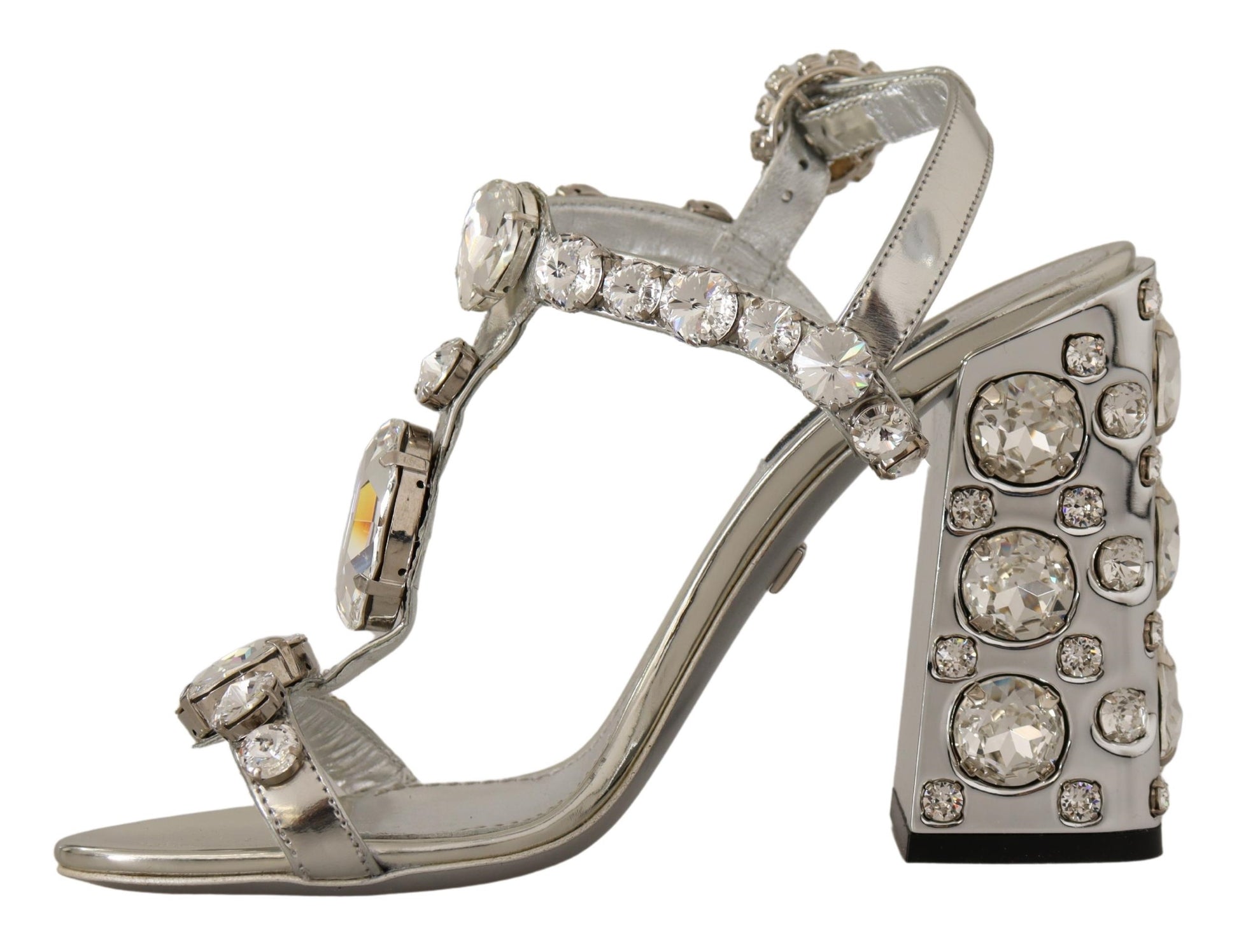 Silberne High Heel-Sandalen mit Kristallen und Riemenschnalle