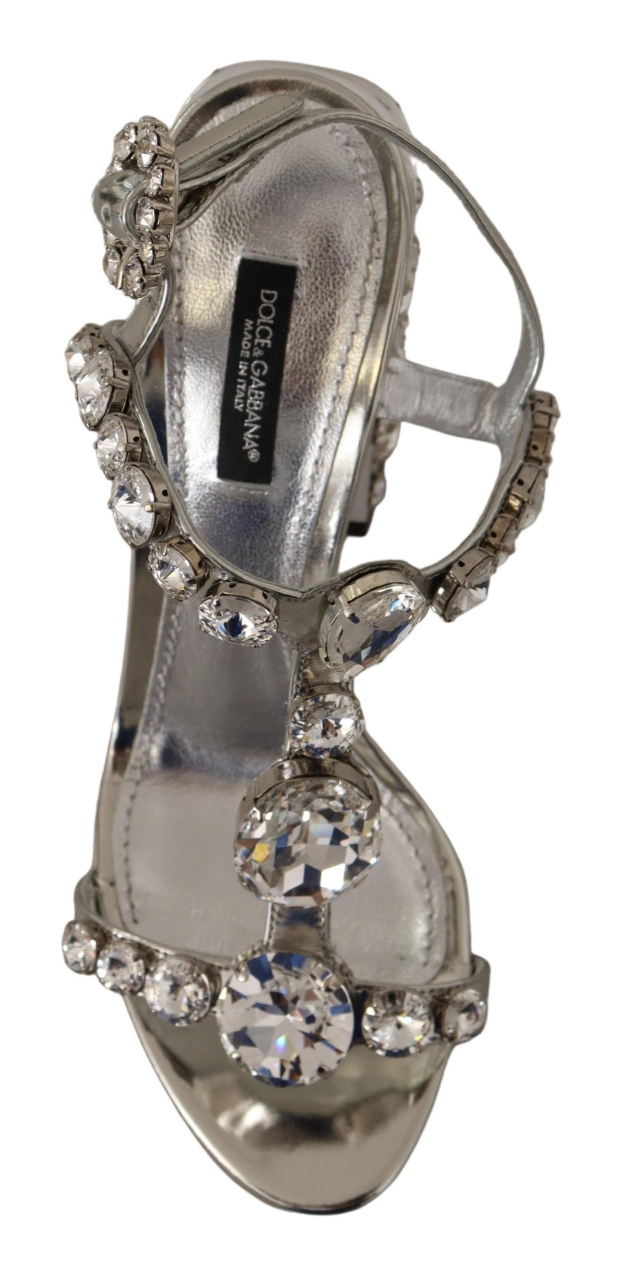 Silberne High Heel-Sandalen mit Kristallen und Riemenschnalle
