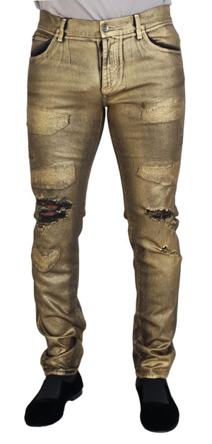 Goldfarbene, zerfetzte Skinny-Jeans aus Baumwolle für Herren