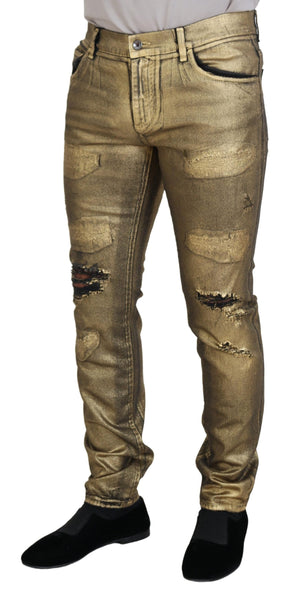 Goldfarbene, zerfetzte Skinny-Jeans aus Baumwolle für Herren