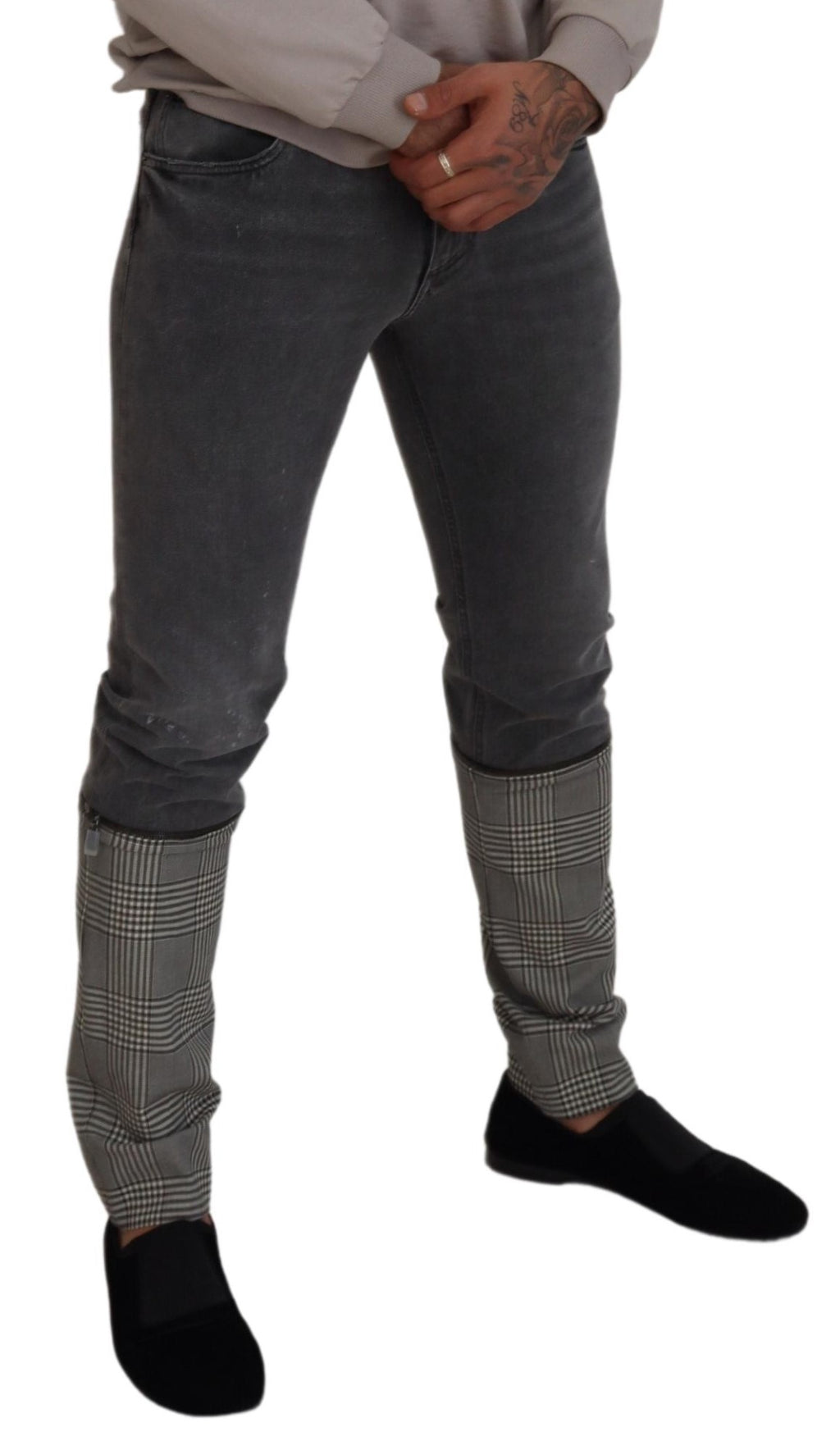 Graue Herren-Jeans aus Baumwolle mit kariertem Bein