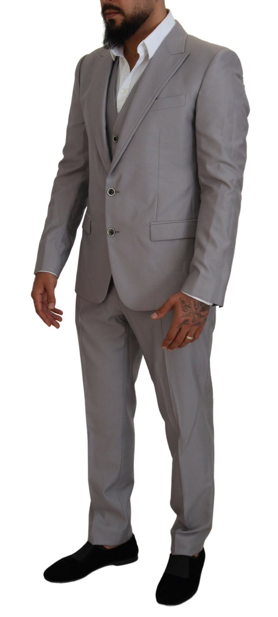 Silberner 3-teiliger Slim Fit Anzug aus Wolle und Seide