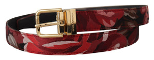 Roter Jacquard-Gürtel aus roséfarbenem Leder mit goldener Metallschnalle