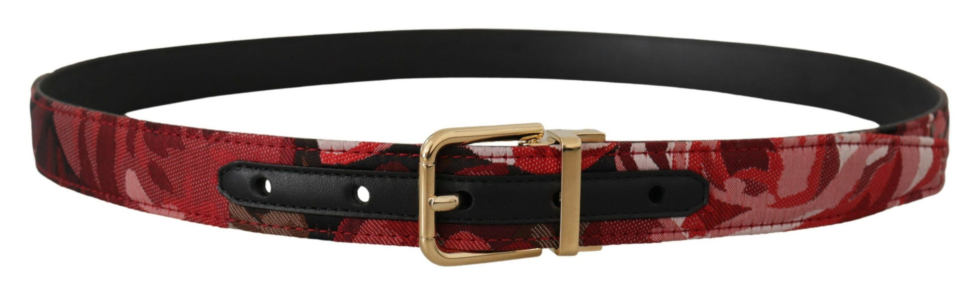 Roter Jacquard-Gürtel aus roséfarbenem Leder mit goldener Metallschnalle