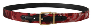 Roter Jacquard-Gürtel aus roséfarbenem Leder mit goldener Metallschnalle