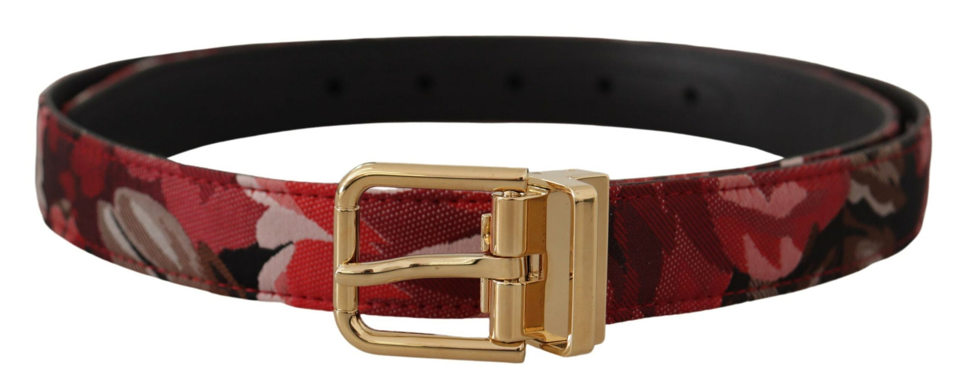 Roter Jacquard-Gürtel aus roséfarbenem Leder mit goldener Metallschnalle