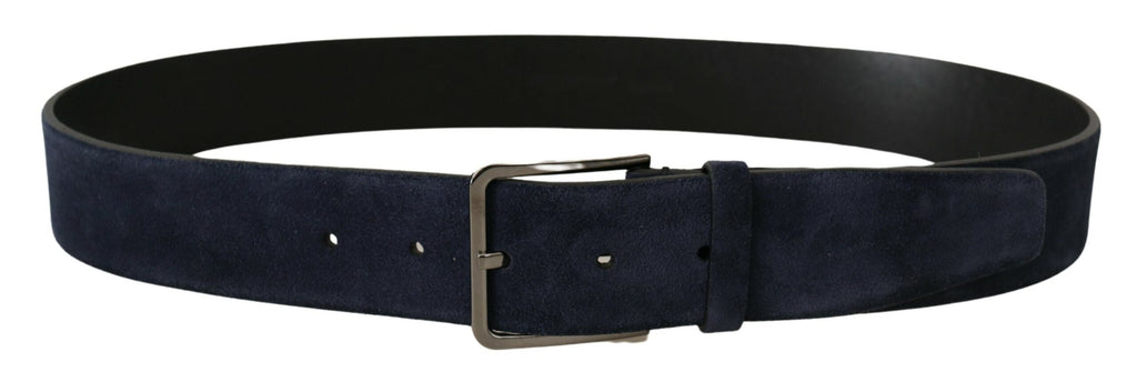Dolce & Gabbana Navy Blue Velvet Leather Silver Logo Buckle Belt