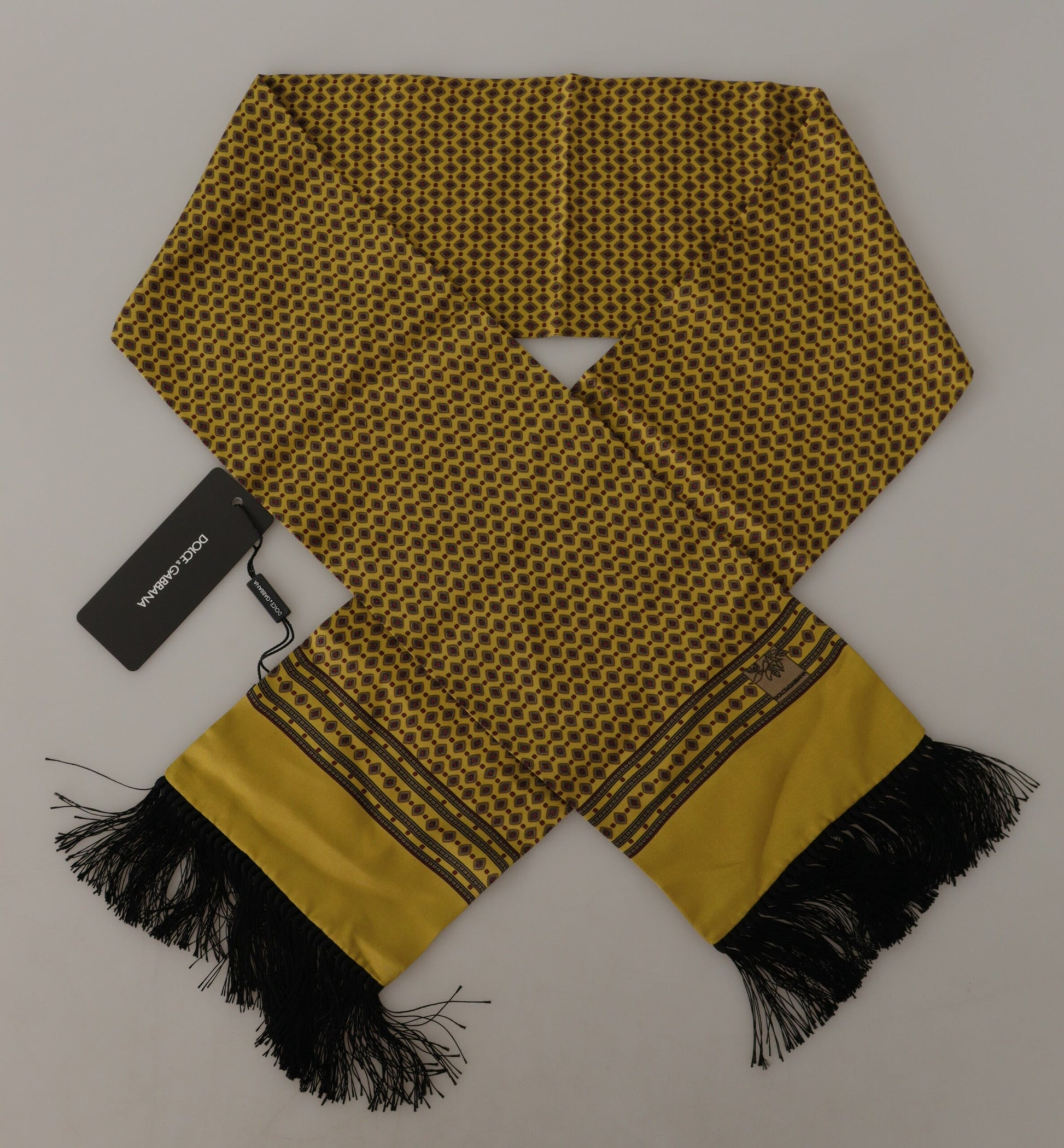 Dolce & Gabbana Yellow Patterned Silk Neck Wrap Fringe Scarf