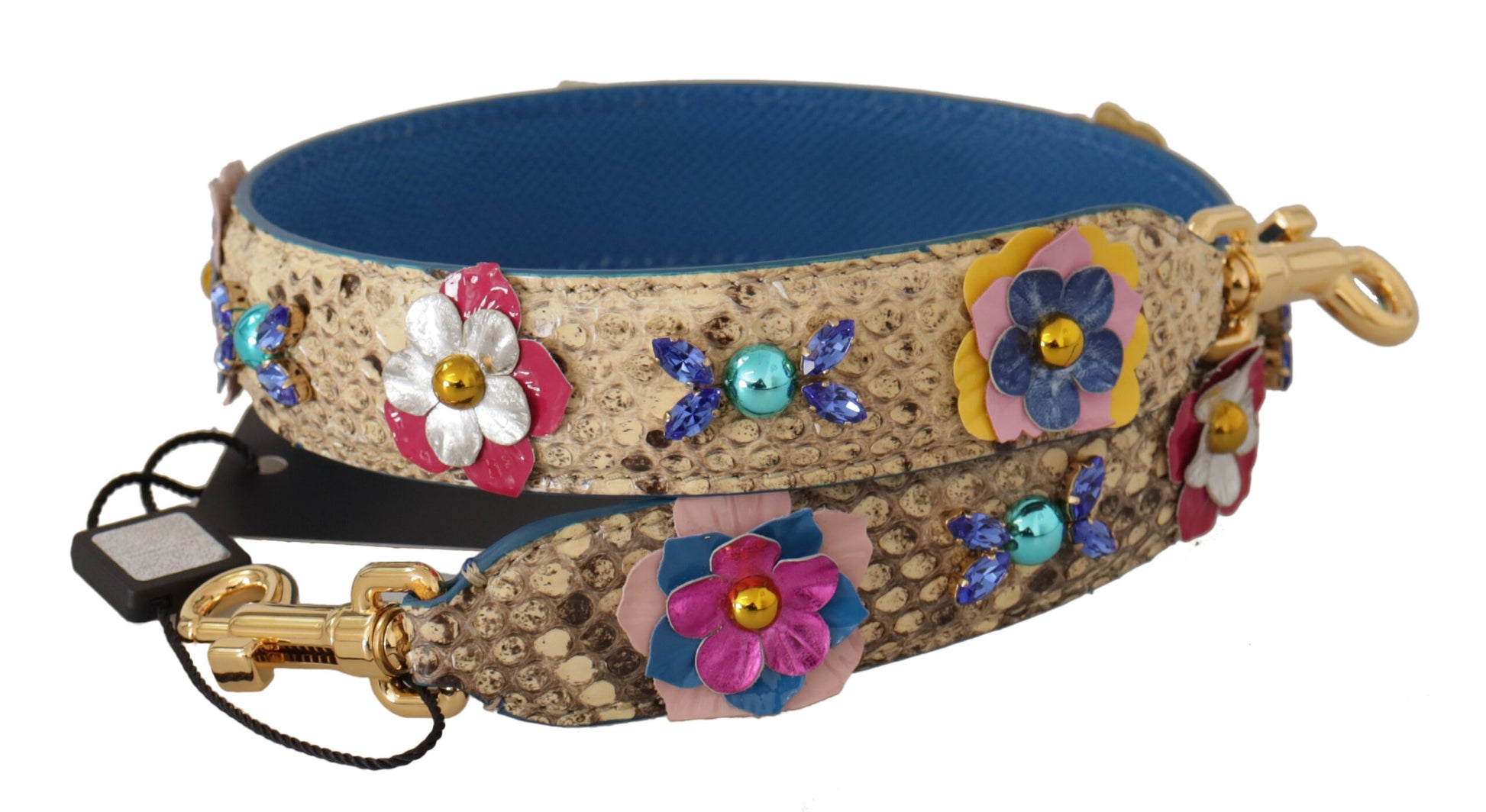 Schultergurt aus Pythonleder mit Blumen- und Nietenbesatz in Beige