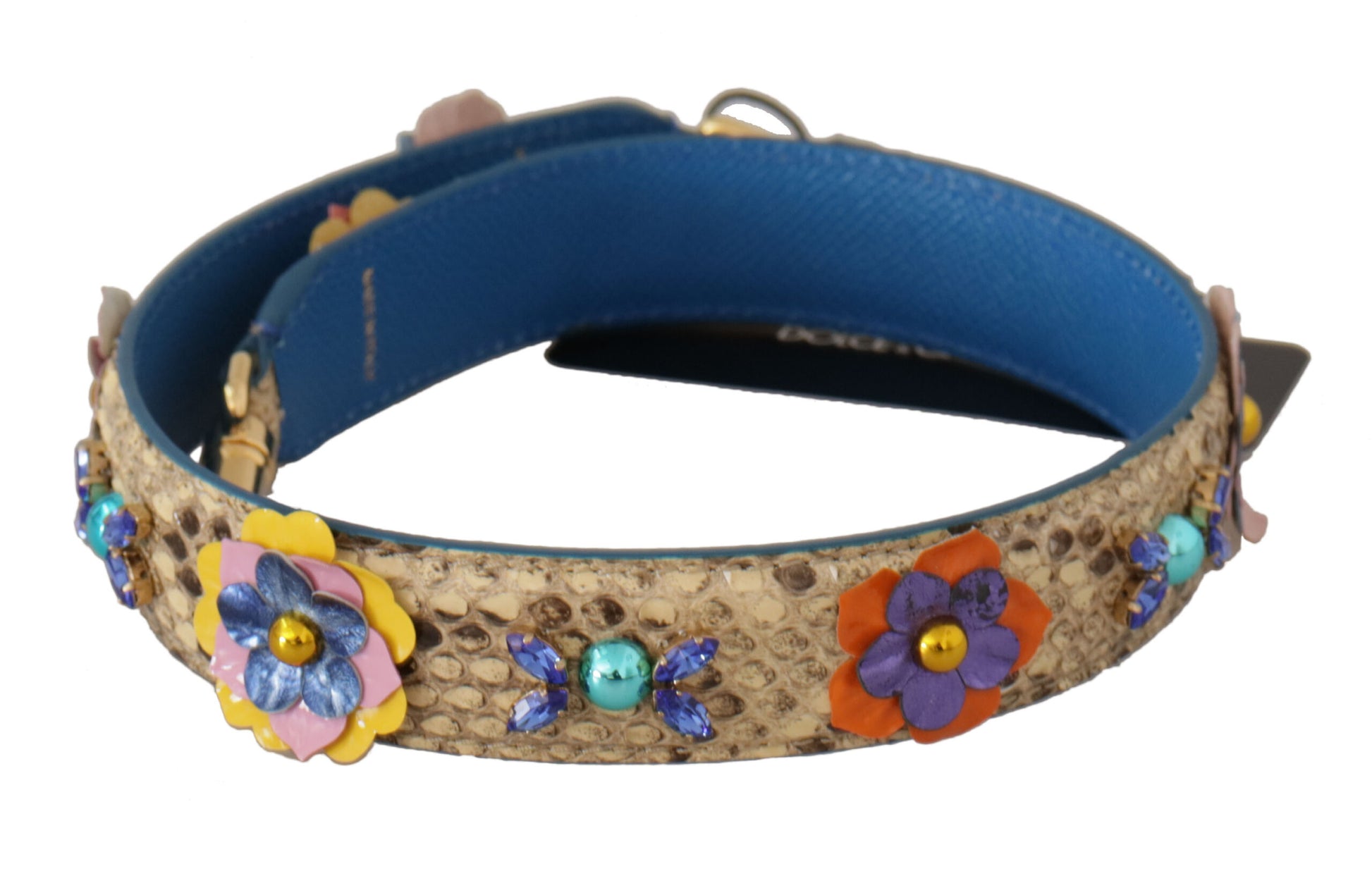 Schultergurt aus Pythonleder mit Blumen- und Nietenbesatz in Beige