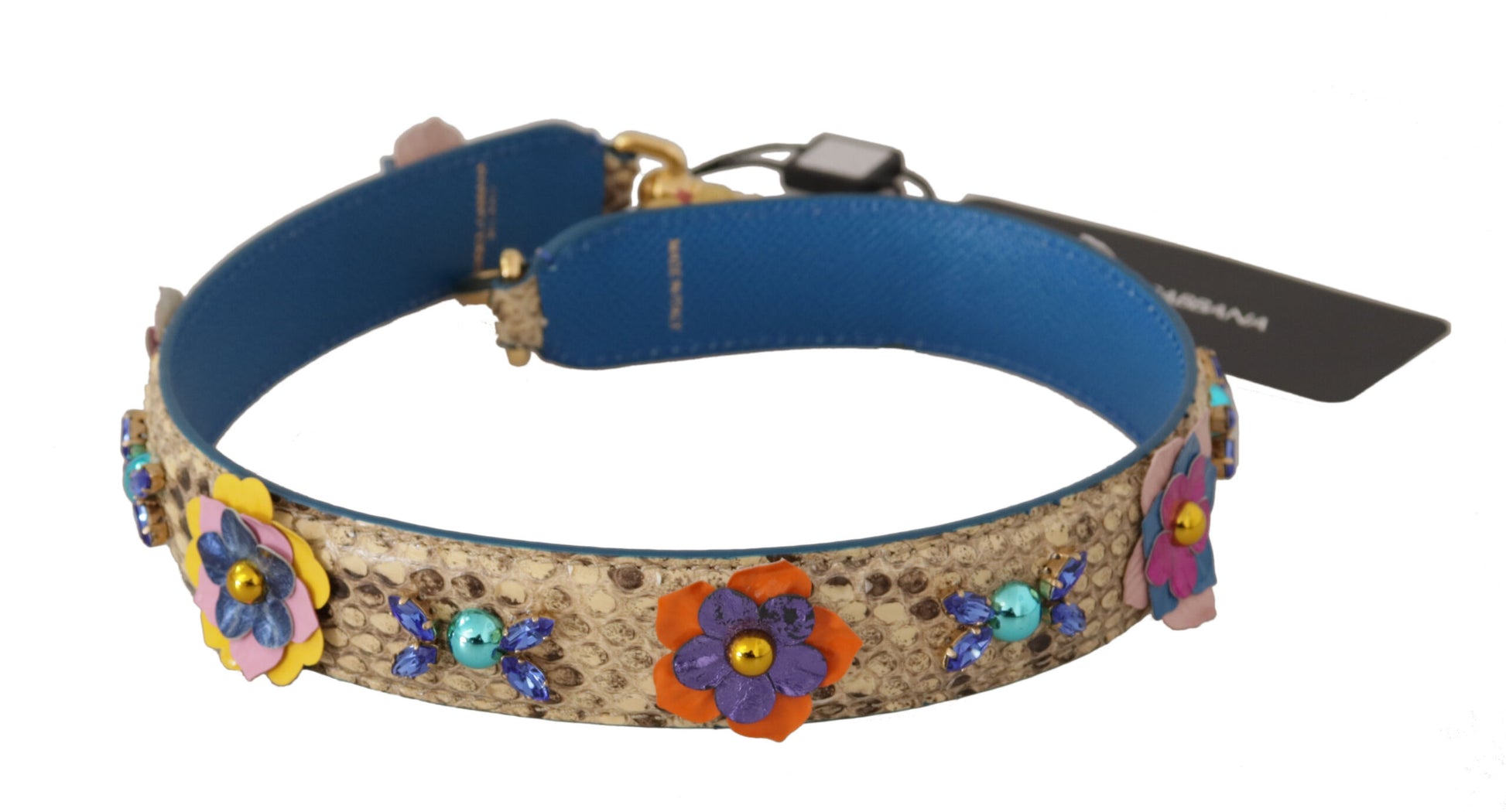 Schultergurt aus Pythonleder mit Blumen- und Nietenbesatz in Beige