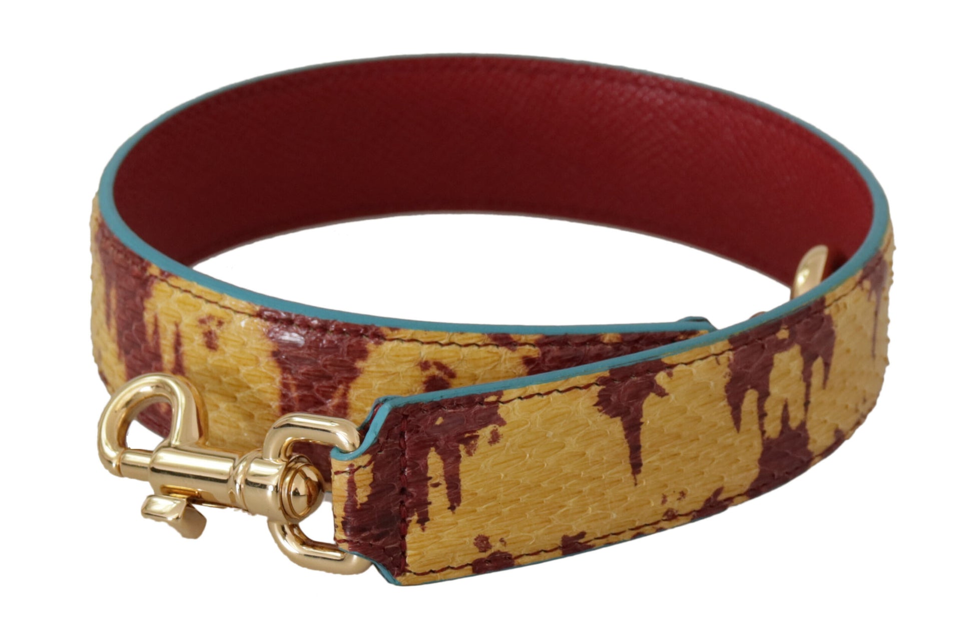 Gelb-roter Schultergurt aus goldfarbenem Leder