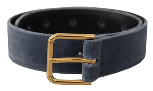 Marineblauer Samtgürtel mit goldener Metall-Logoschnalle