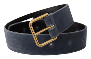 Marineblauer Samtgürtel mit goldener Metall-Logoschnalle