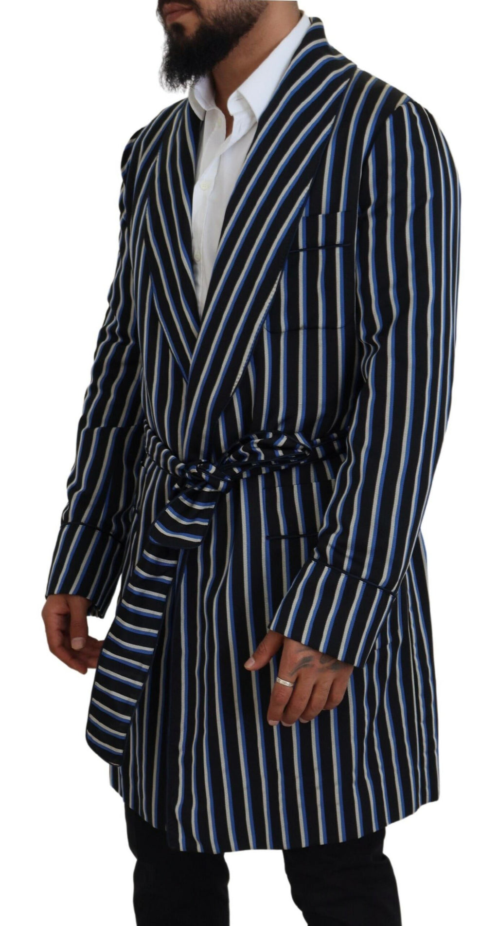 Schwarz-blauer Bademantel mit Martini-Futter und Aufdruck