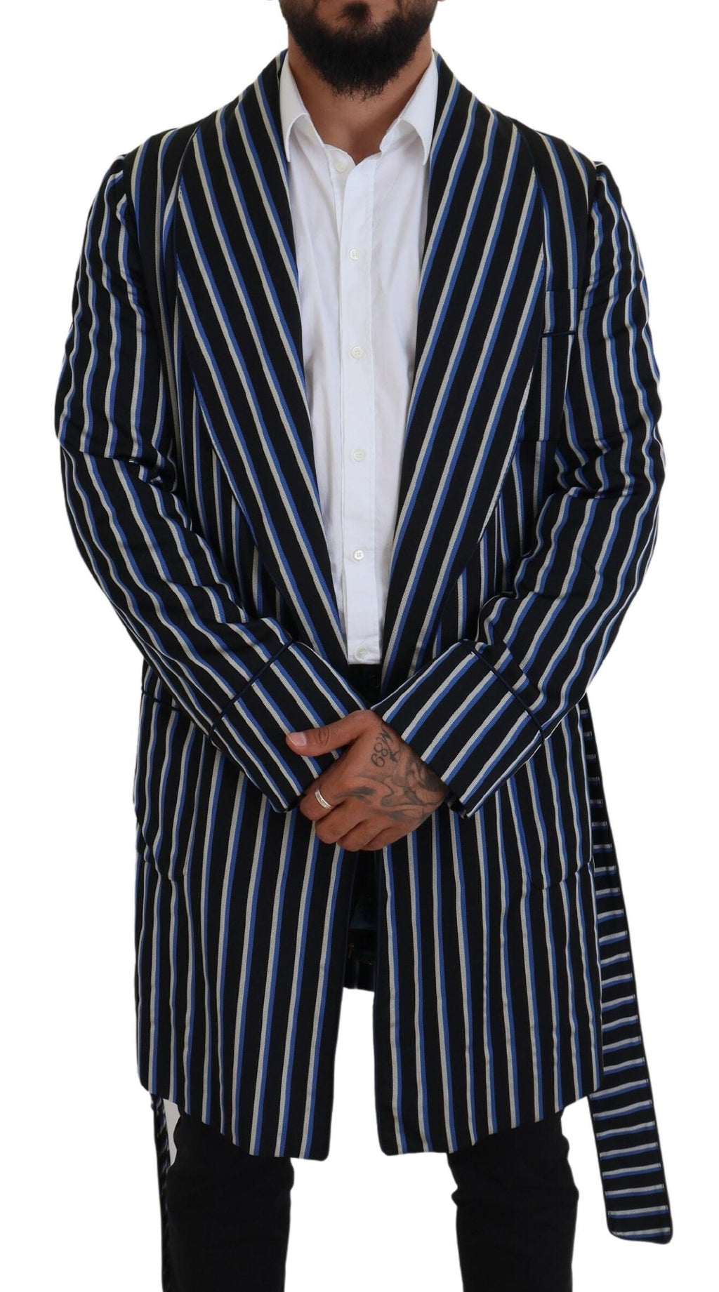 Schwarz-blauer Bademantel mit Martini-Futter und Aufdruck
