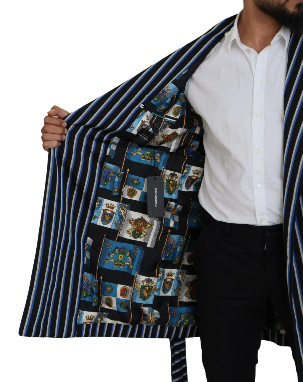 Schwarz-blauer Bademantel mit Martini-Futter und Aufdruck