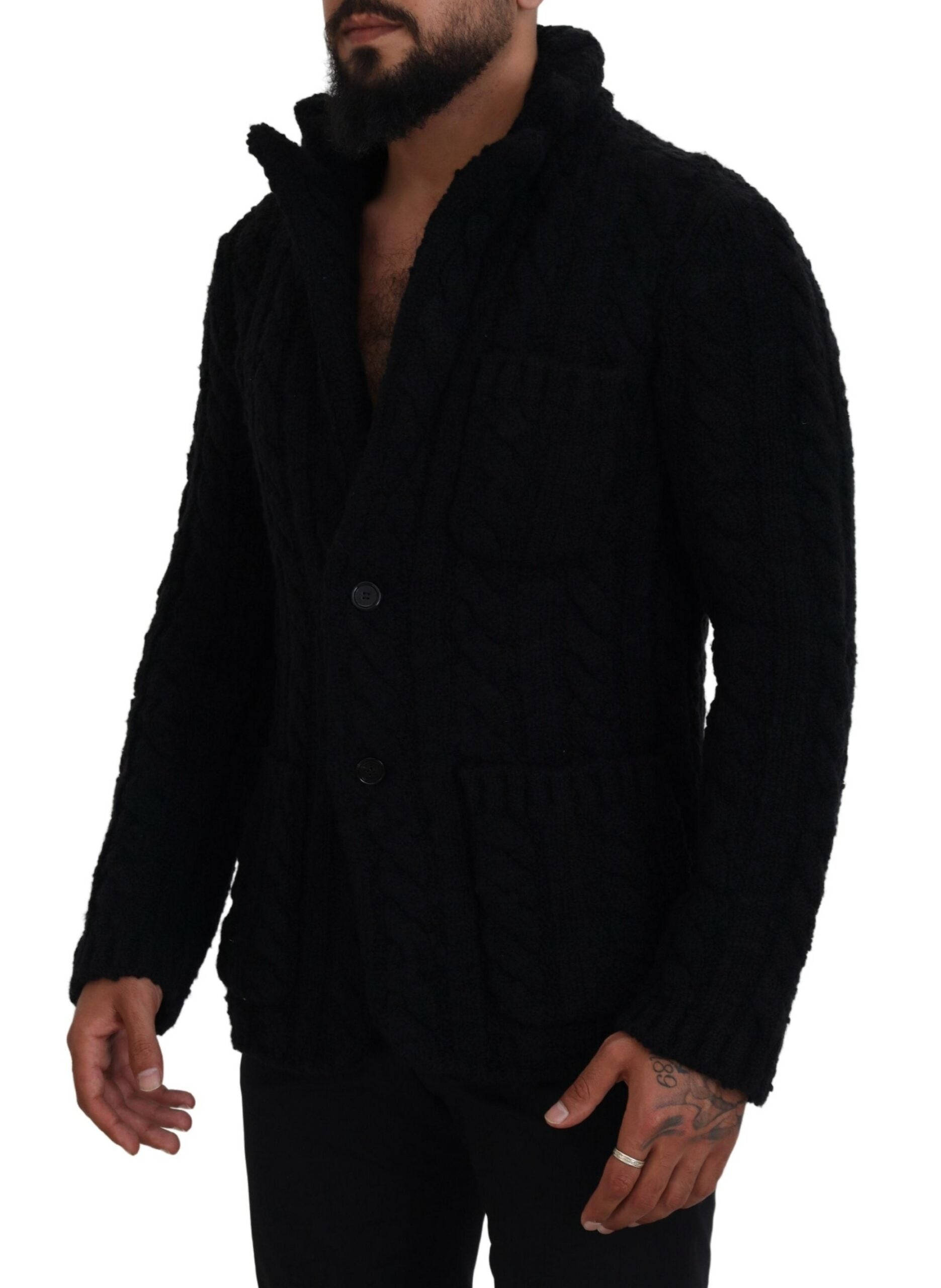 Schwarzer Wollstrick-Cardigan mit Knöpfen