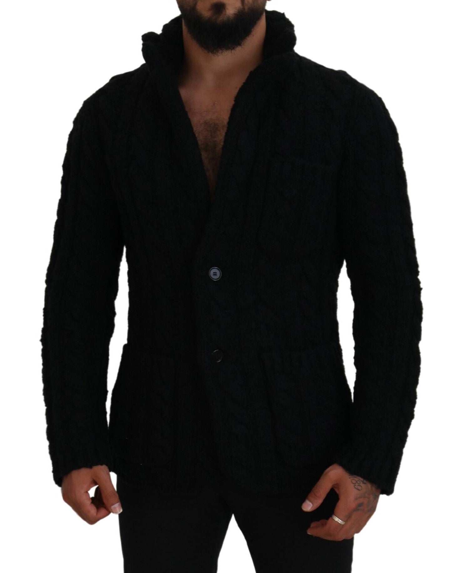 Schwarzer Wollstrick-Cardigan mit Knöpfen