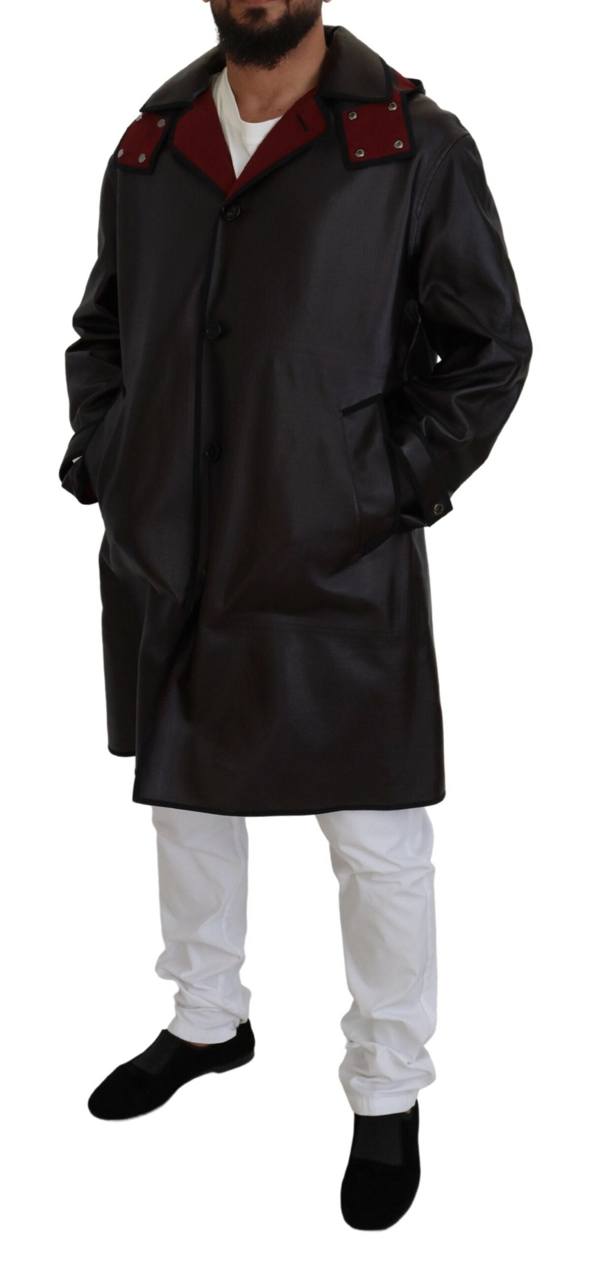 Schwarze Trenchcoat-Parka-Baumwolljacke mit Kapuze