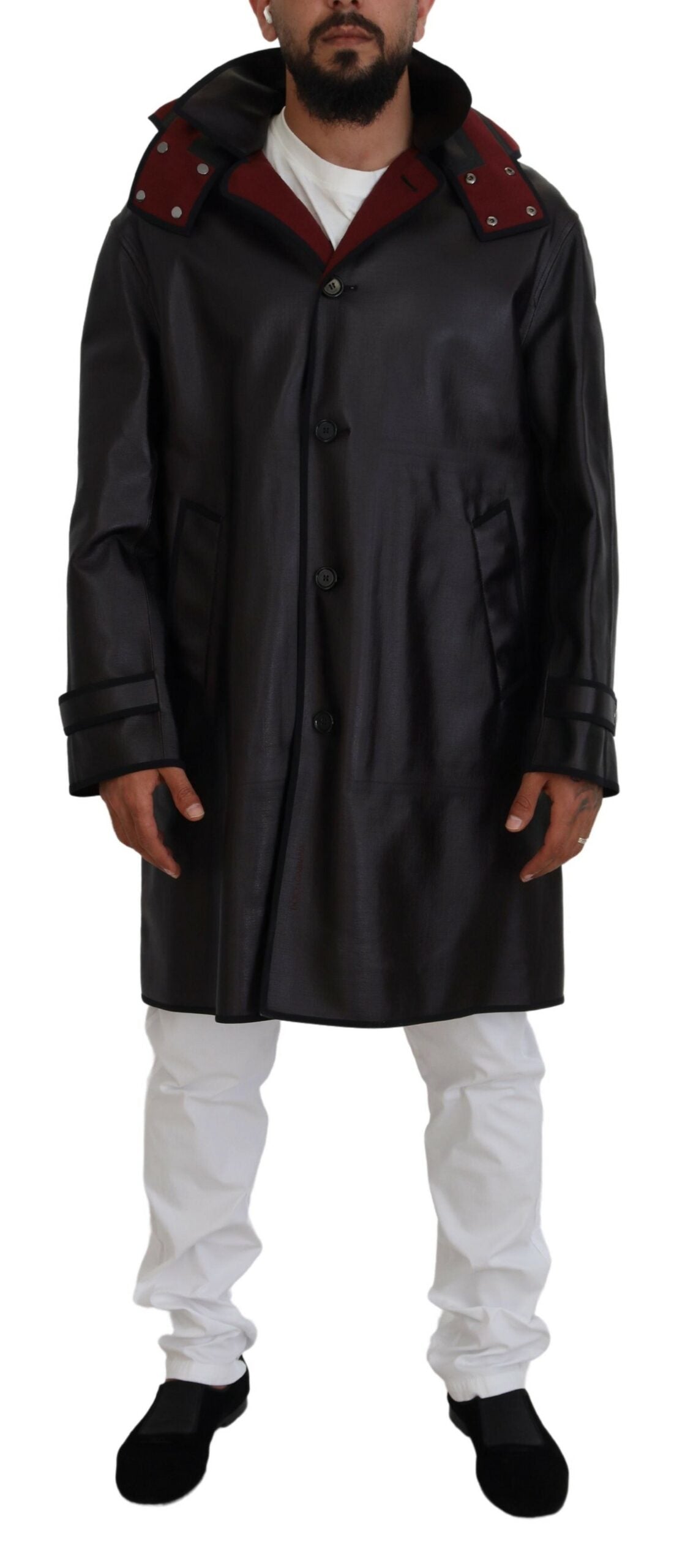 Schwarze Trenchcoat-Parka-Baumwolljacke mit Kapuze