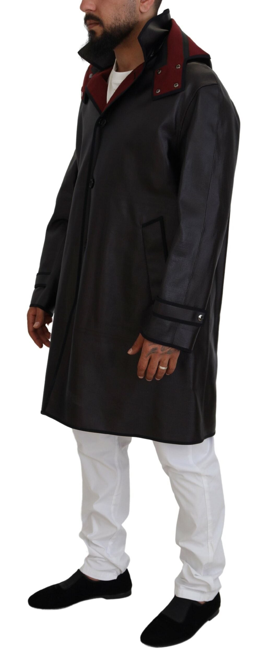 Schwarze Trenchcoat-Parka-Baumwolljacke mit Kapuze