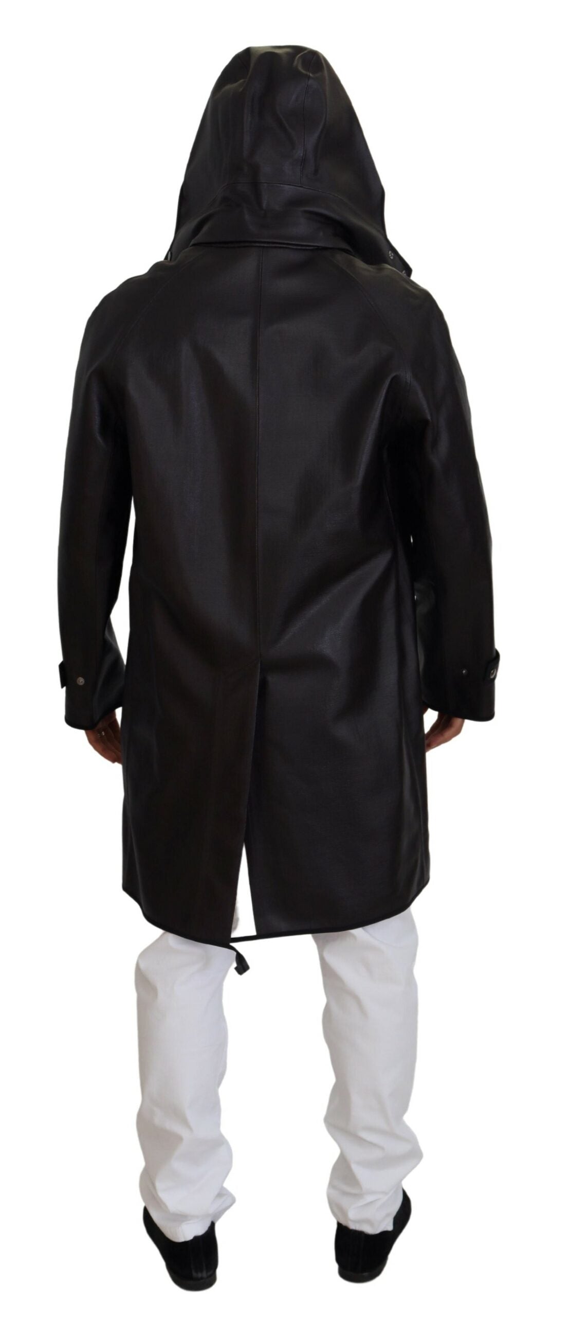 Schwarze Trenchcoat-Parka-Baumwolljacke mit Kapuze