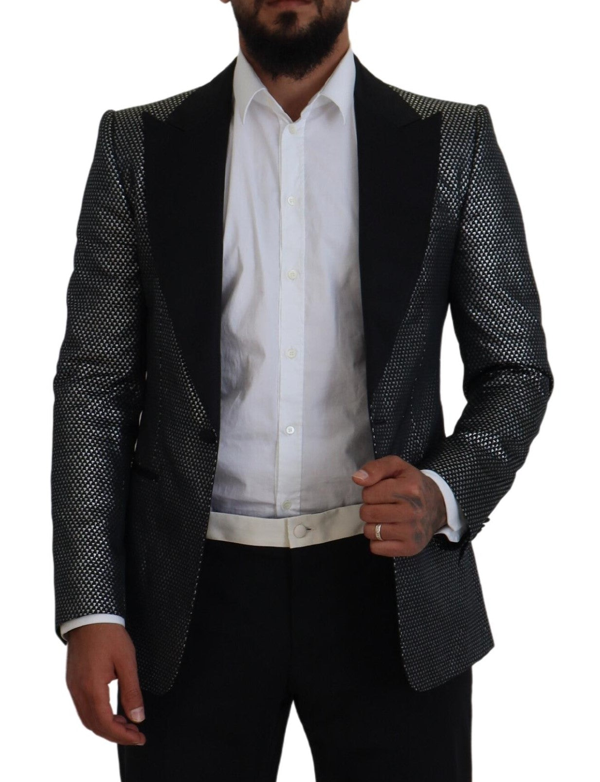 Schwarz-silberner Jacquard-Slim-Fit-Jackenblazer