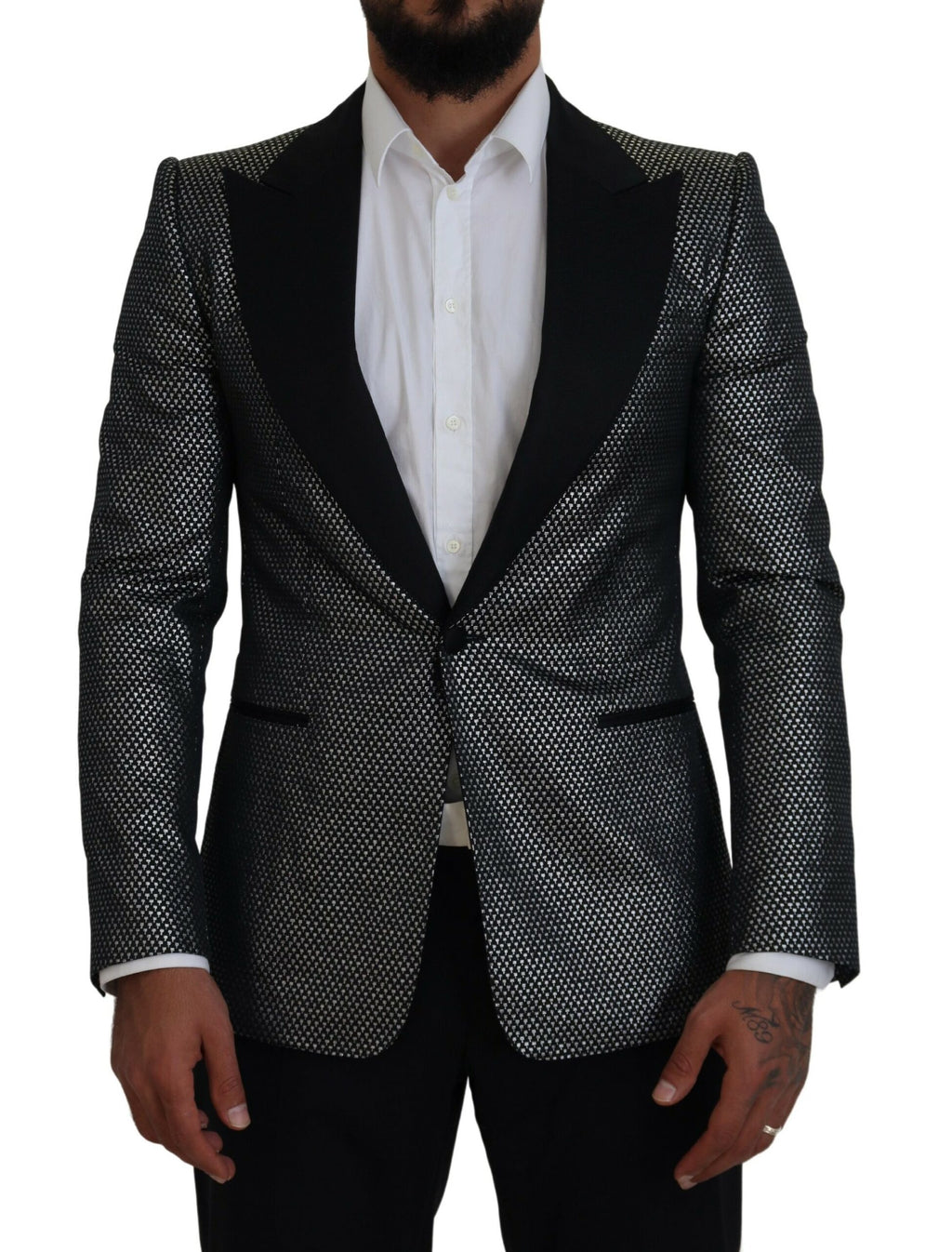 Schwarz-silberner Jacquard-Slim-Fit-Jackenblazer