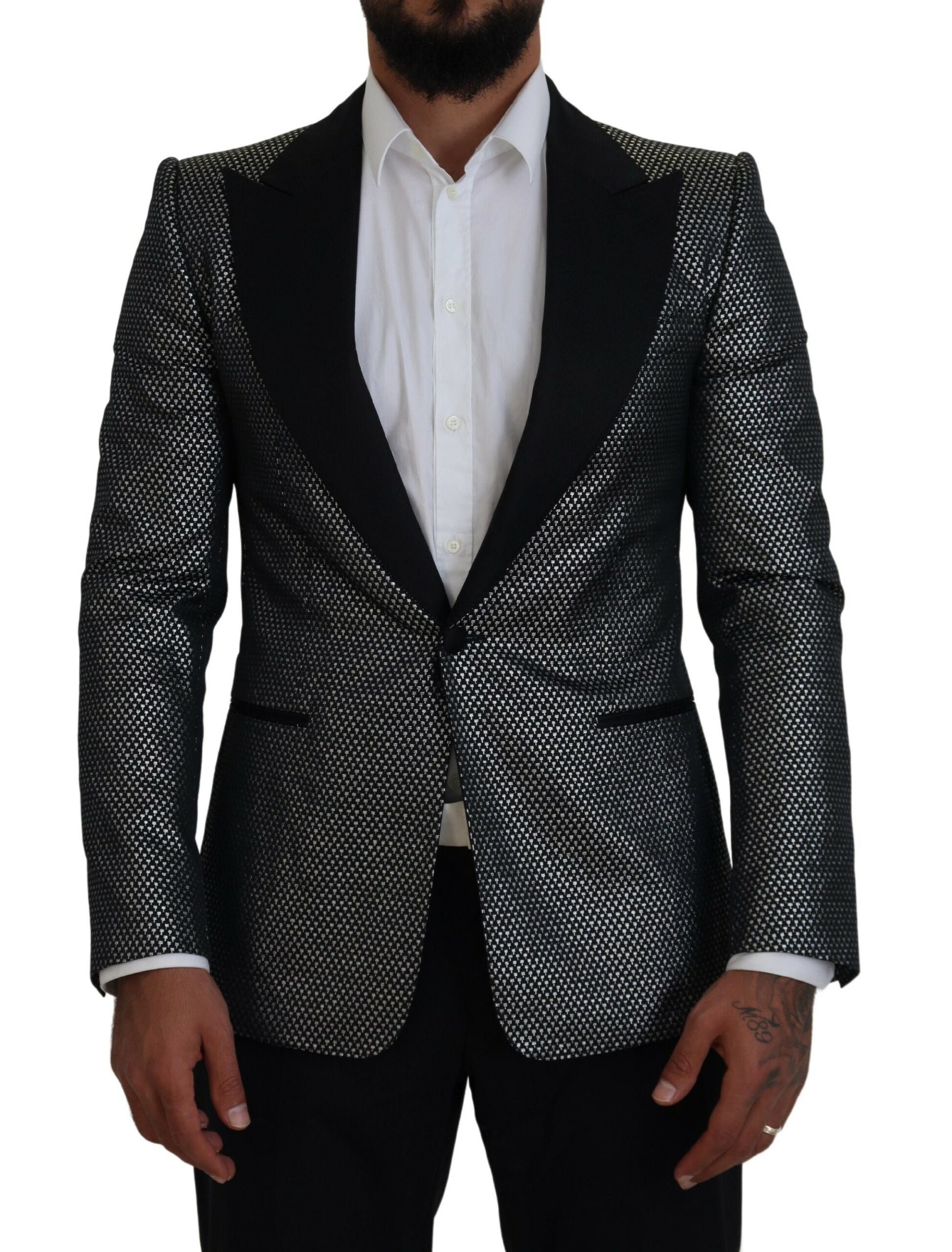 Schwarz-silberner Jacquard-Slim-Fit-Jackenblazer