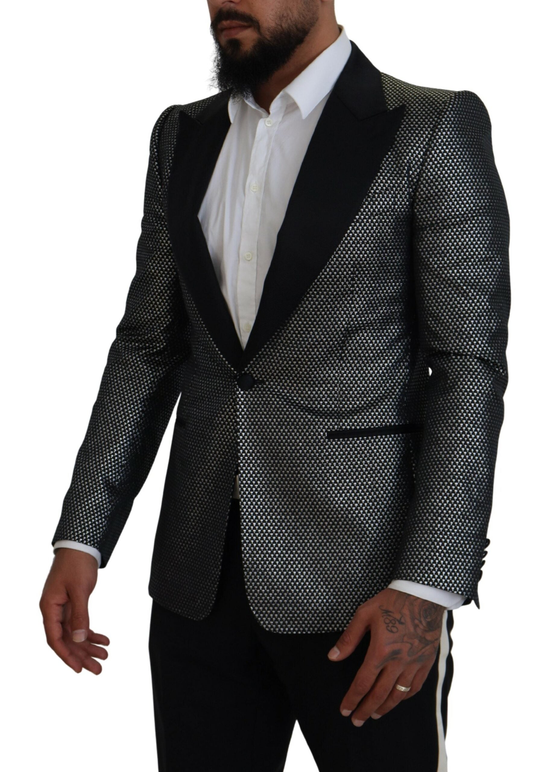 Schwarz-silberner Jacquard-Slim-Fit-Jackenblazer