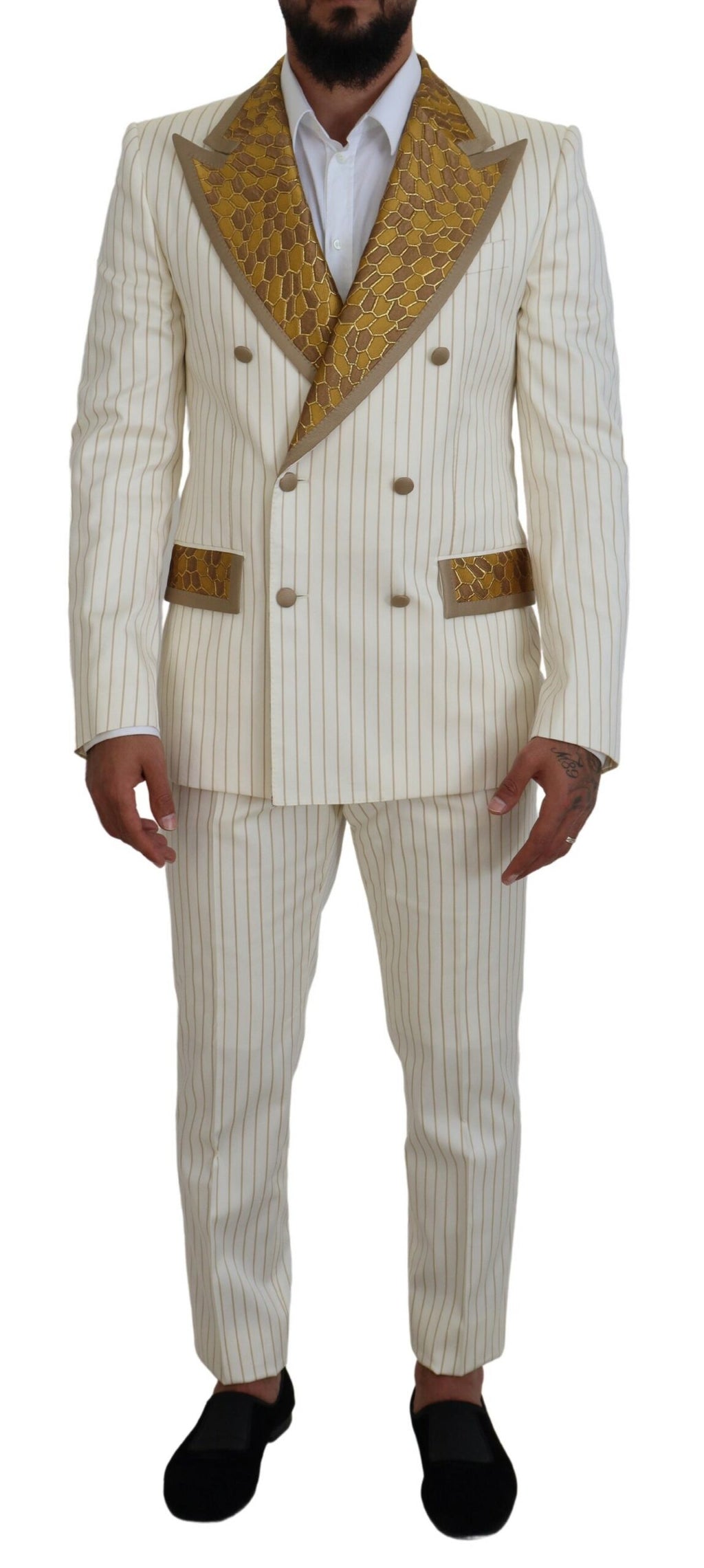 Slim Fit Smokinganzug in Off White und Gold mit Streifen
