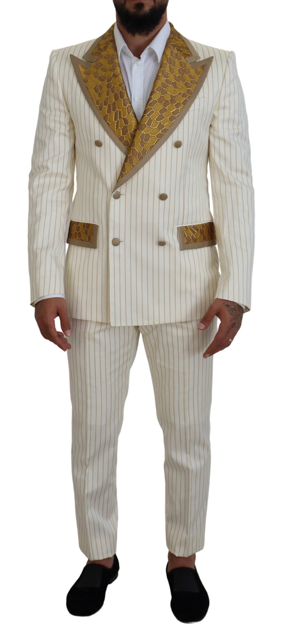 Slim Fit Smokinganzug in Off White und Gold mit Streifen